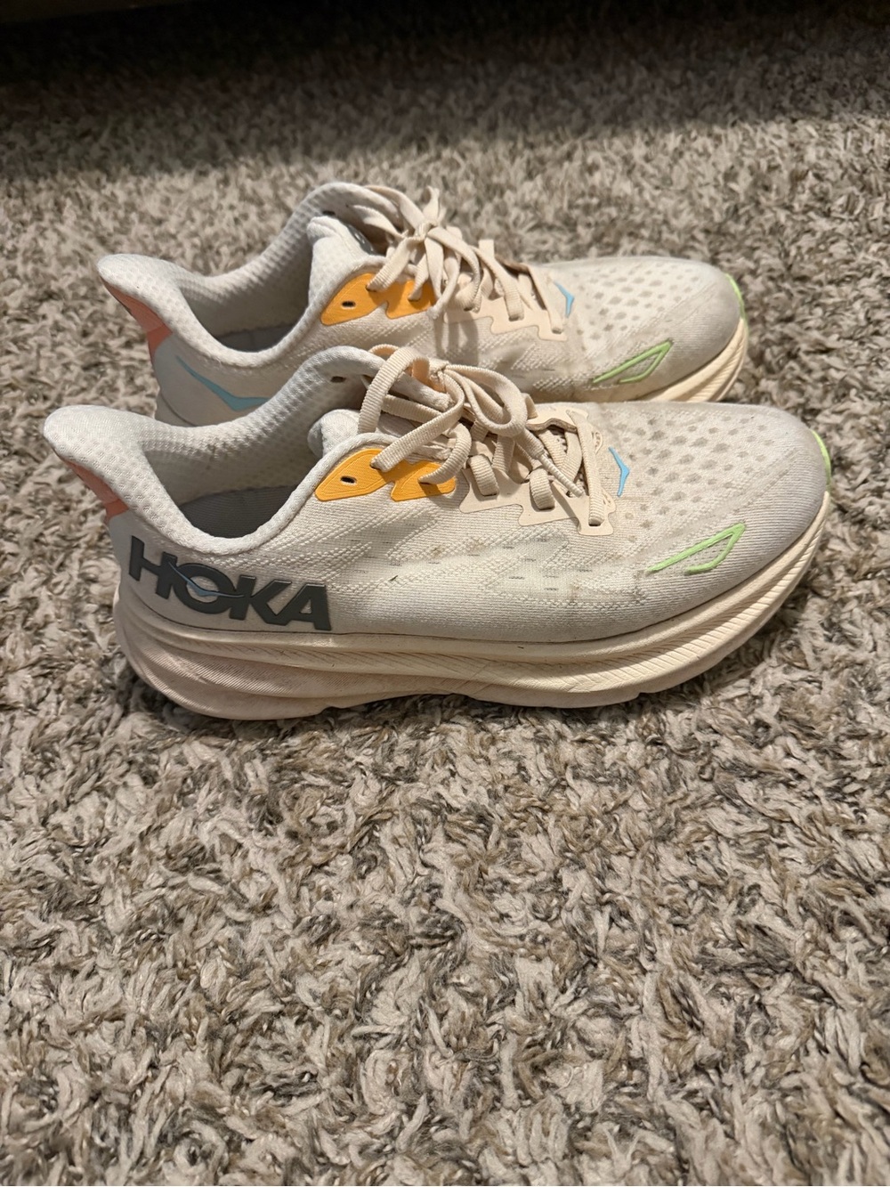 Hoka Cream Athletic Sneakers with Yellow, Blue & Lime Accents